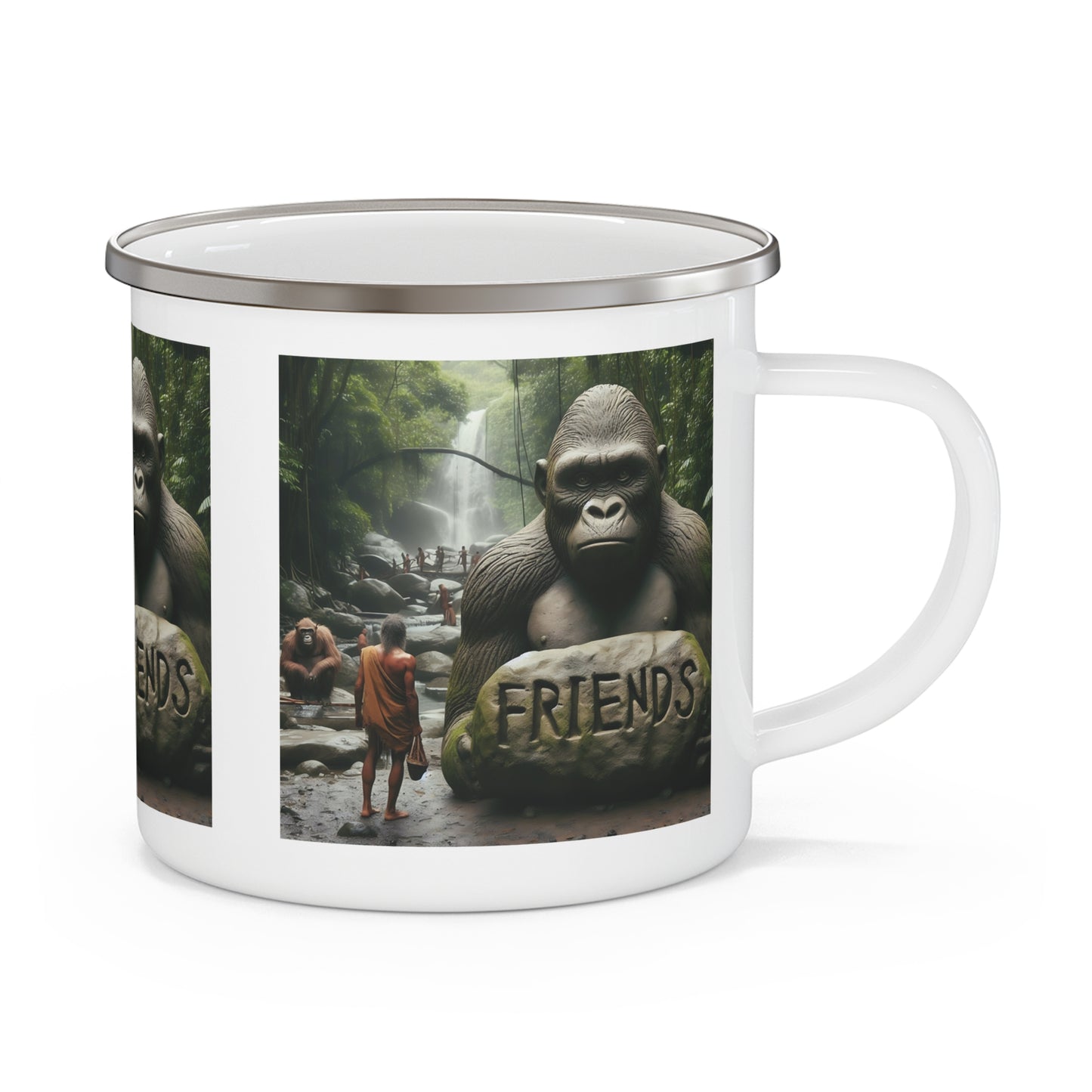 Elevate your camping experience with our Enamel Camping Mug featuring a unique 'Stone Age Human Friends' design. This mug showcases harmonious interactions between Stone Age humans and gorillas. This mug is ideal for your outdoor adventures, camping trips. BUY NOW! (SK Superb)