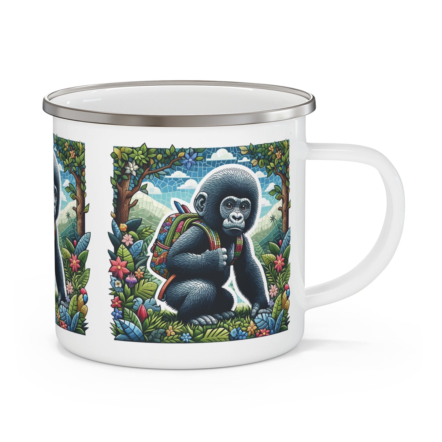 Experience the joy of nature with our Baby Monkey Outdoor Adventure Enamel Camping Mug. Reminiscent of human kids exploring the wilderness. Ideal for outdoor, wildlife lovers, camping, hiking, and everyday use. A thoughtful gift for animal lovers, who appreciates nature-inspired designs. BUY NOW! (SK Superb)