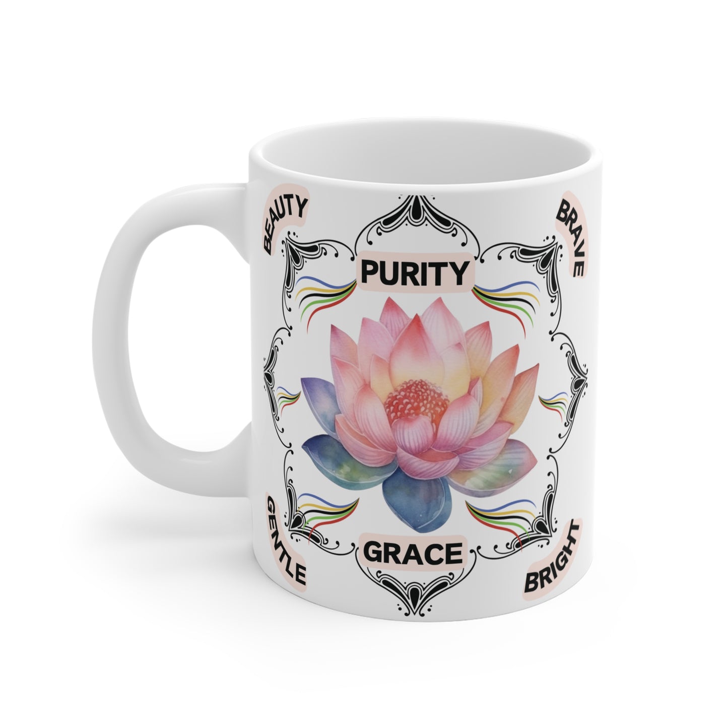Enjoy your coffee with this "Elegant Lotus Flower 11oz Mug", with inspiring words Purity, Grace, Beauty, Brave, Gentle. Perfect for yoga, spiritual lovers.