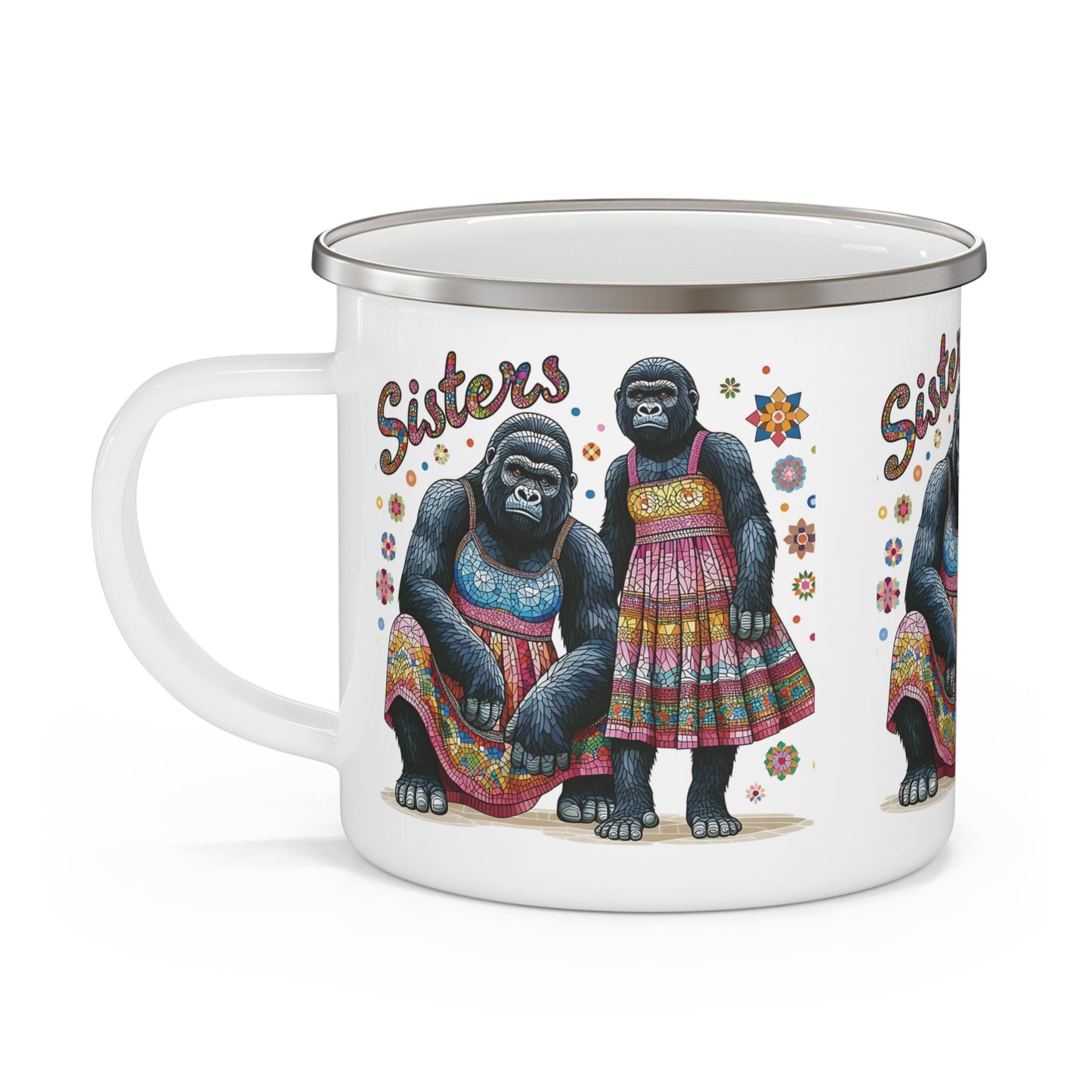 Gorilla Sisters in Colorful Dresses Enamel Camping Mug - for Outdoor Adventures