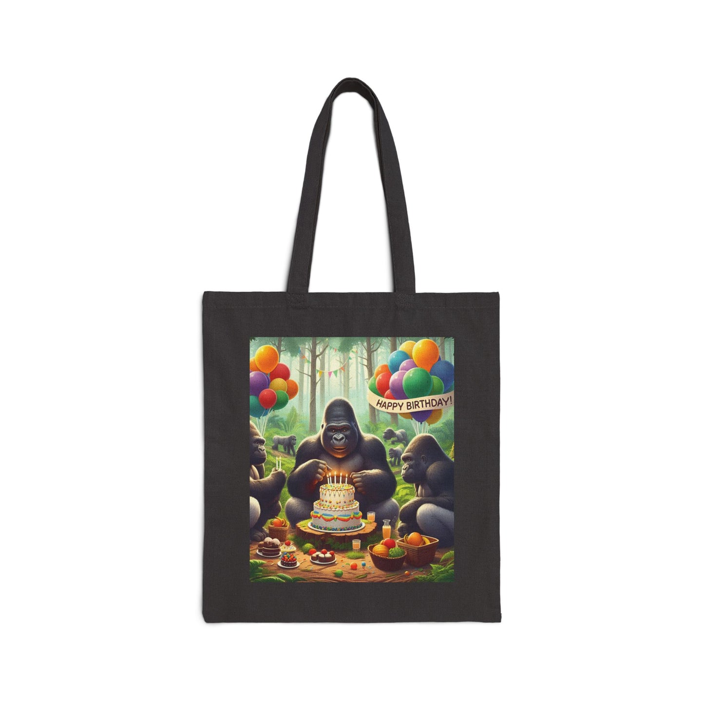 A whimsical and charming "Gorilla Birthday Celebration" Canvas Tote Bag, reminiscent of a human birthday celebration. Ideal for gorilla lovers or anyone who appreciates unique, animal-themed accessories. A stylish and functional gift bag for birthday or a fun accessory for parties. BUY NOW! (SK Superb)