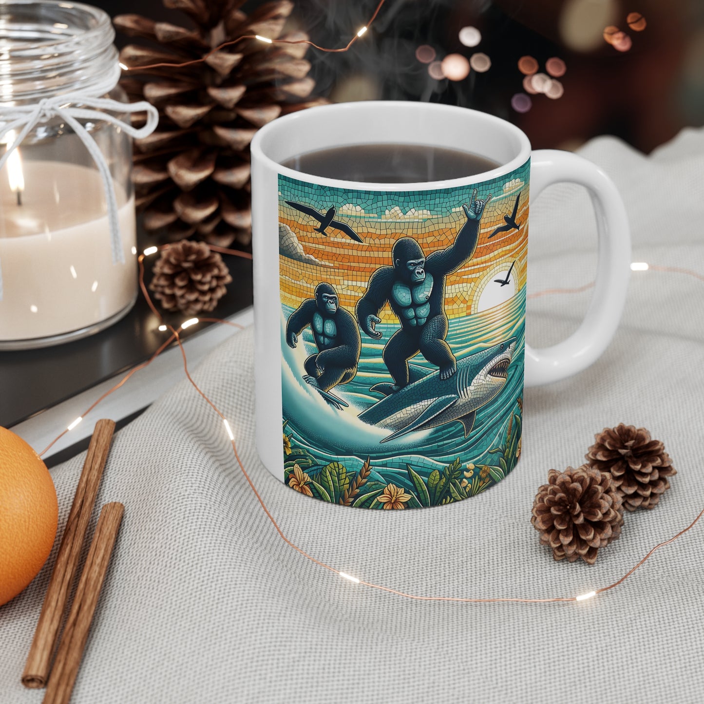 Mosaic Style Gorilla Ocean Surfing Adventure 11oz Mug