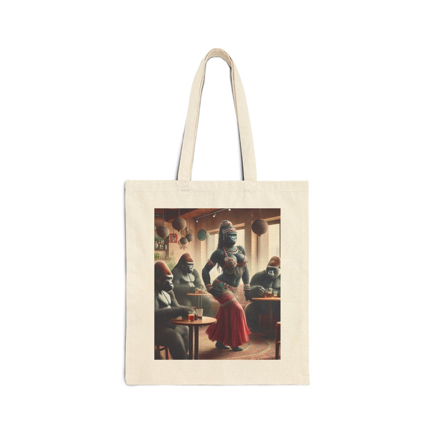 Our whimsy, functional "Exotic Gorilla Belly Dancer" Canvas Tote Bag is a blend of elegance, tradition, and playful artistry, for anyone who loves unconventional art. The bag design resonates with those who admire the grace of belly dancing. Ideal for animal lovers and also artistic style. BUY NOW! (SK Superb)