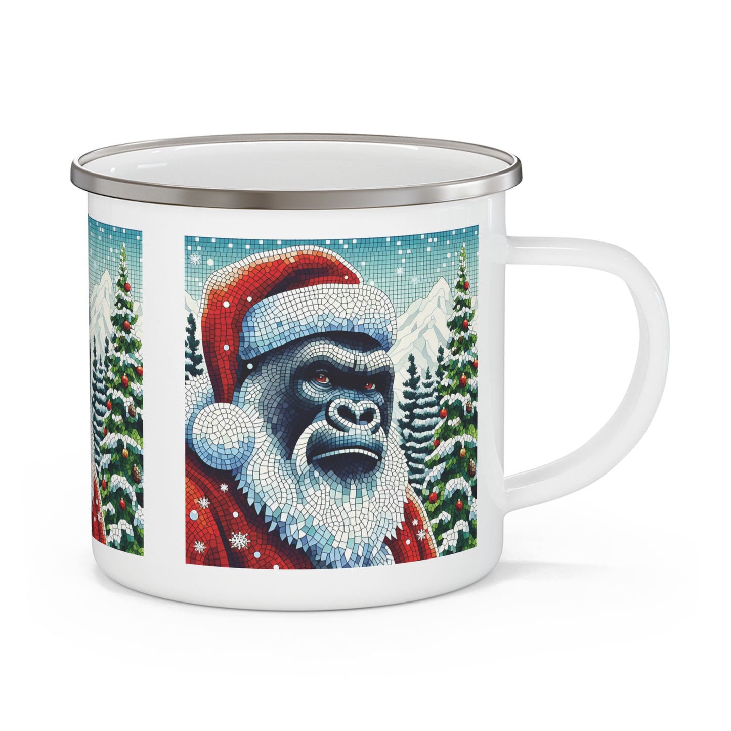 Add a touch of wild holiday spirit with our enchanting, functional, mosaic art "Festive Gorilla Santa" Enamel Camping Mug. Perfect for gorilla, animal, outdoor lovers, and anyone who enjoys a touch of whimsy in their holiday décor. Ideal for camping, hiking, picnics, and everyday use. BUY NOW! (SK Superb)