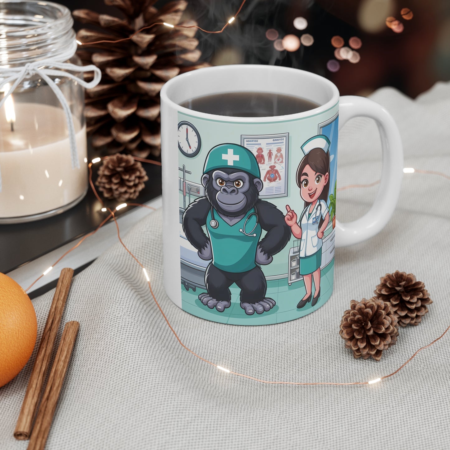 11oz Cartoon Gorilla Nurse & Female Nurse Mug - Cute Medical Theme