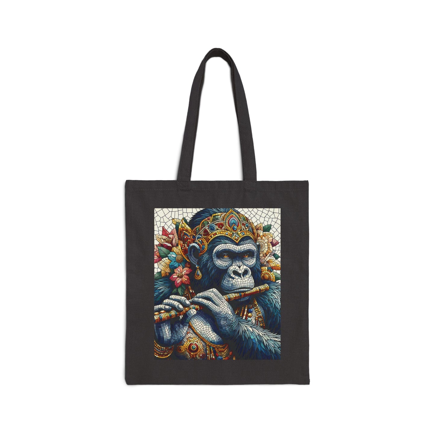 Elevate your style and unleash the melody of the wild with our functional mosaic art canvas tote bag of a regal gorilla playing a flute, where art and nature unite in perfect harmony. Perfect for art lovers and fashion enthusiasts. Ideal for casual outings, shopping, or as a unique gift. BUY NOW! (SK Superb)