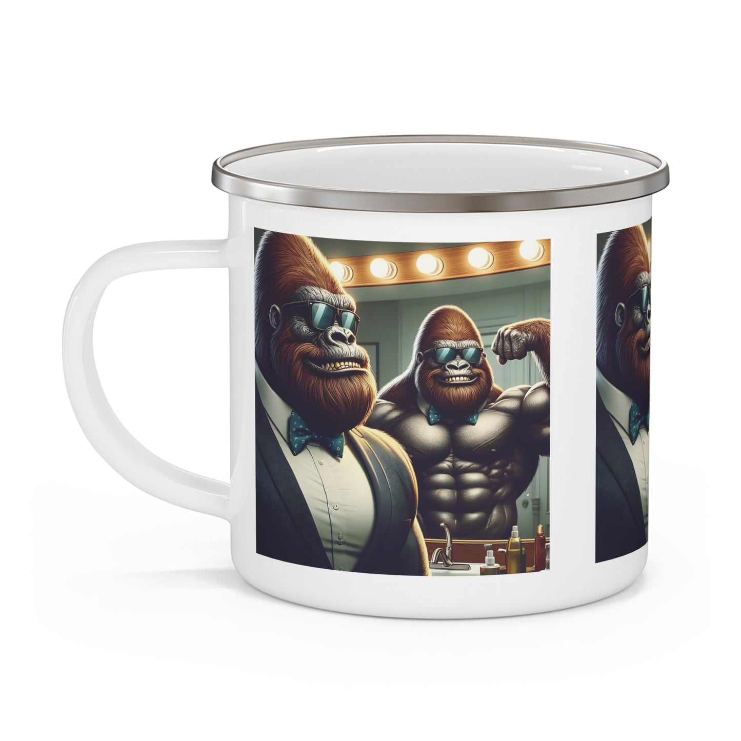 Handsome Bachelor & Bodybuilder Gorilla Enamel Camping Mug – Gift for Stylish Outdoorsmen