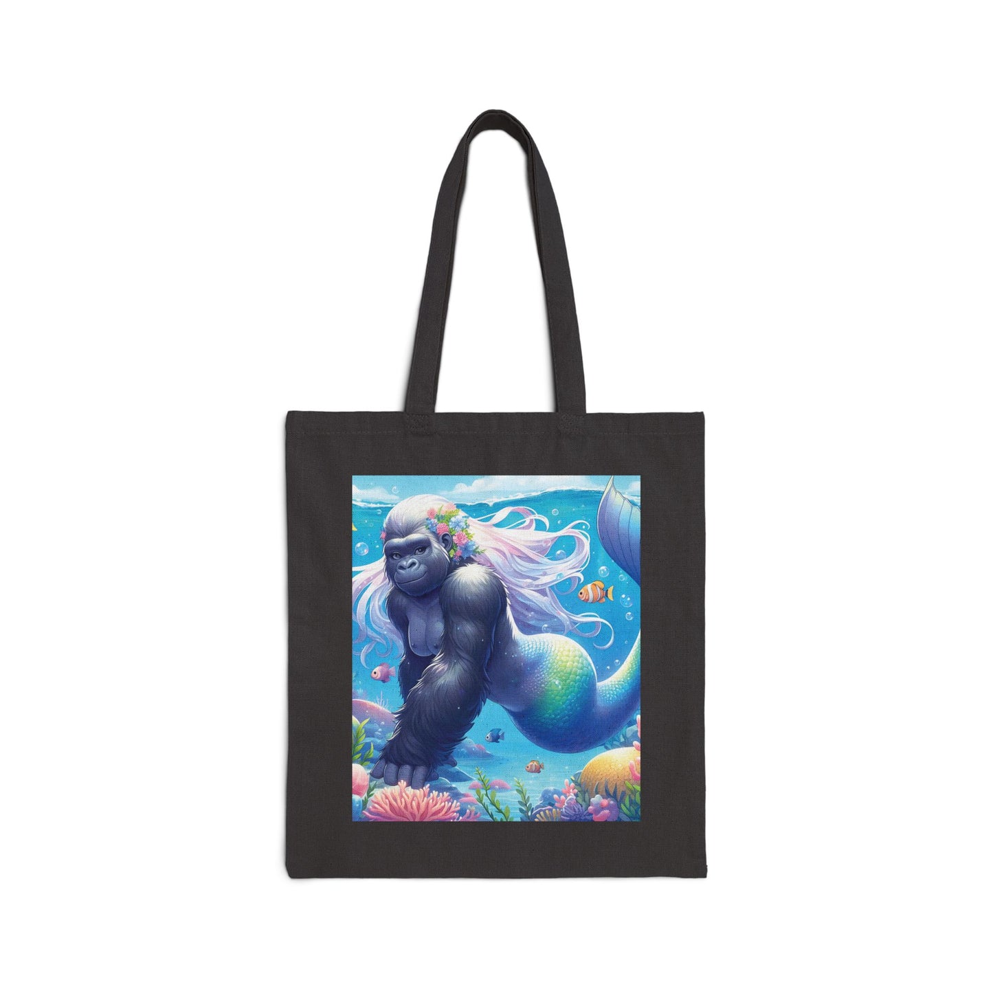 Embrace the magic of the sea and the strength of the jungle with our "Underwater Gorilla Mermaid" Canvas Tote Bag. A stylish and practical tote for daily use. Ideal gift for fantasy art lovers, animal enthusiasts, and anyone who appreciates unique, artistic designs. BUY NOW! (SK Superb)