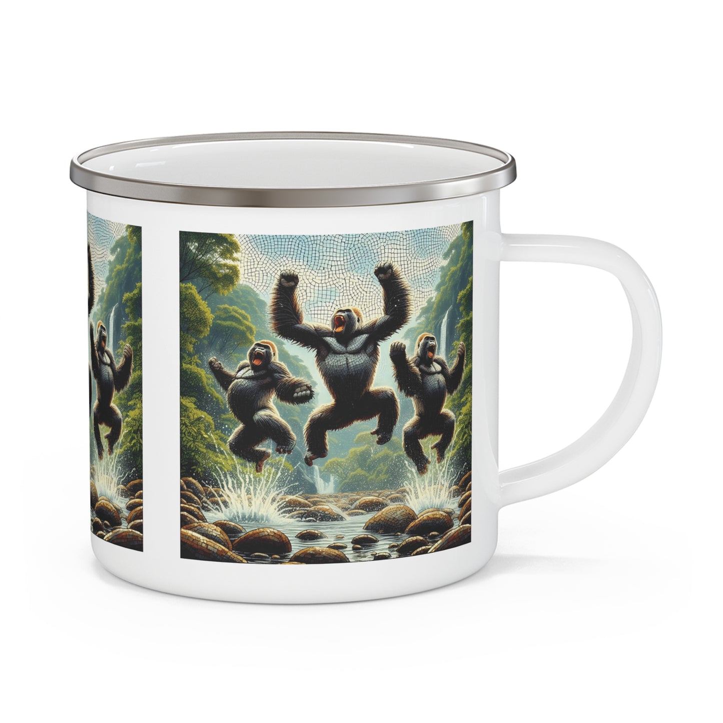 Experience the thrill of the wild with our "Joyful Gorilla Jump" Enamel Camping Mug. Perfect for your outdoor adventures, camping trips, travel or home use. A vibrant artwork mug, bringing nature's beauty to your adventures. BUY NOW! (SK Superb)