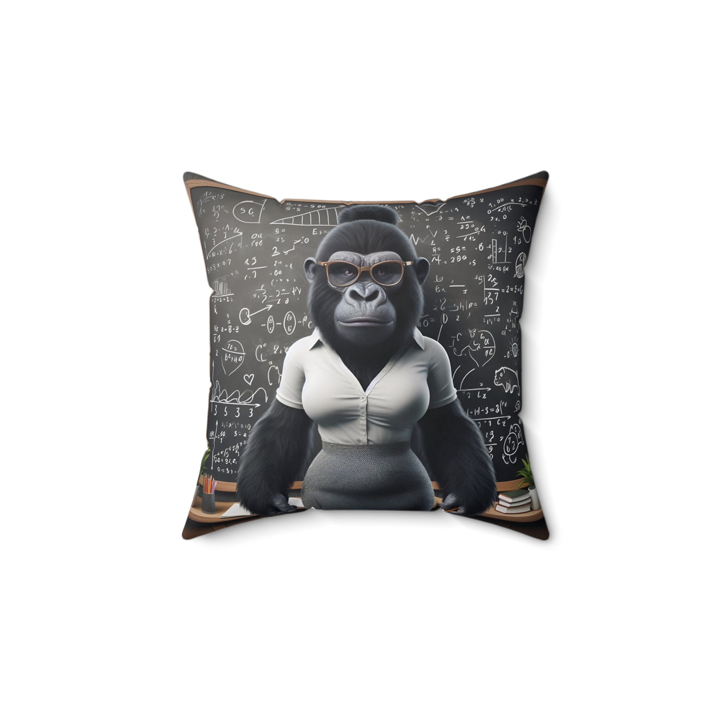 Add a playful yet scholarly vibe to your home decor with the Sweetie Gorilla Teacher Pillow. It features a distinguished gorilla dressed as a teacher, standing confidently in front of a chalkboard filled with complex equations and diagrams. A fun gift for educators and animal lovers alike. (SK Superb)