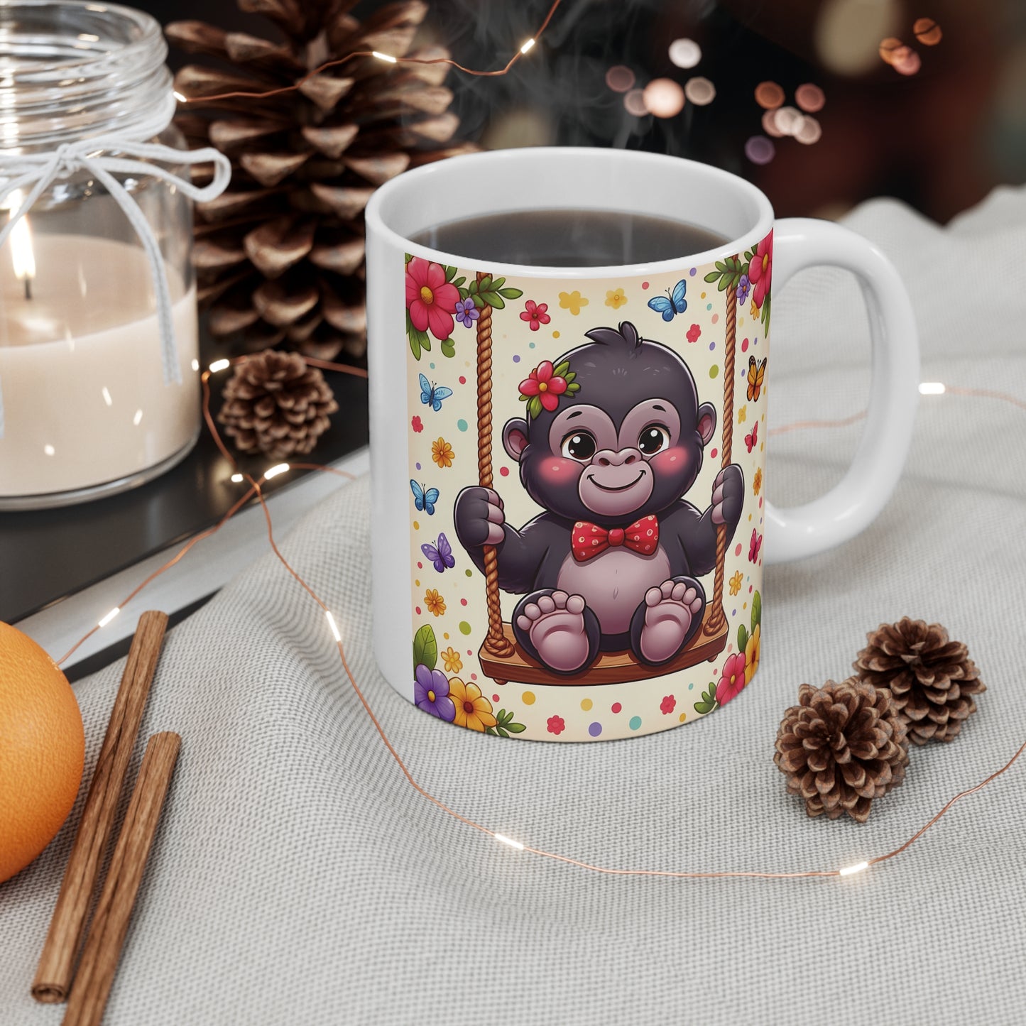 Happy Baby Monkey Swinging 11oz Mug - Animal Theme