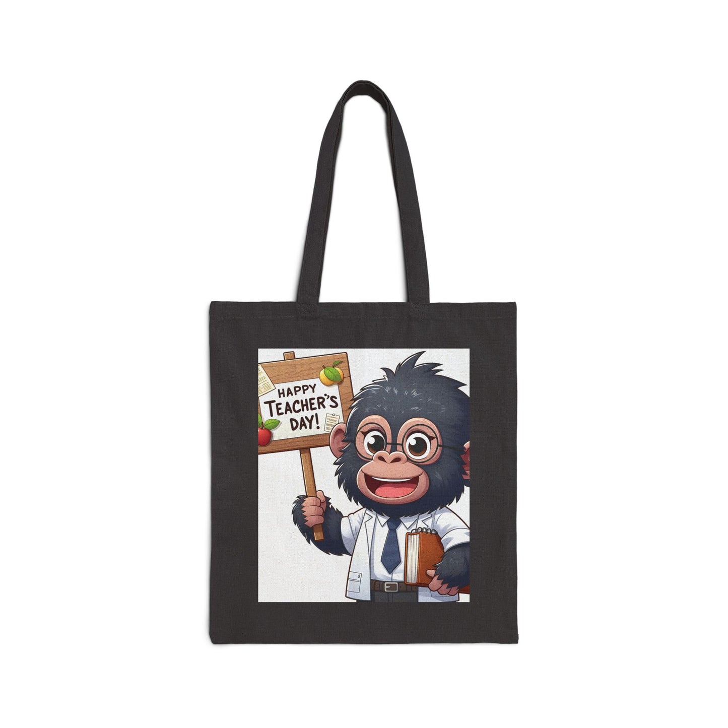 Celebrate your favorite educators with our "Happy Teacher's Day!" Canvas Tote Bag, of an adorable cartoon-style baby gorilla teacher. A practical and stylish tote bag for showing appreciation to teachers. Gift for end-of-year celebrations, or just to say thank you. BUY NOW! (SK Superb)