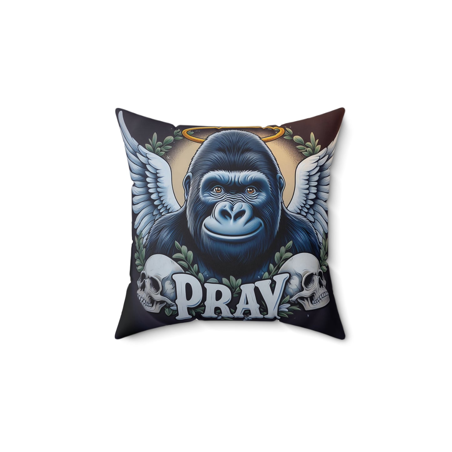 Transform your home decor with this serene Angelic Gorilla "Pray" Pillow. Featuring a gorilla with angel wings and a halo, complemented by the word "PRAY" and two skulls, symbolizing the balance between life and spirituality. BUY NOW to bring a touch of divine inspiration to your living space.(SK Superb)