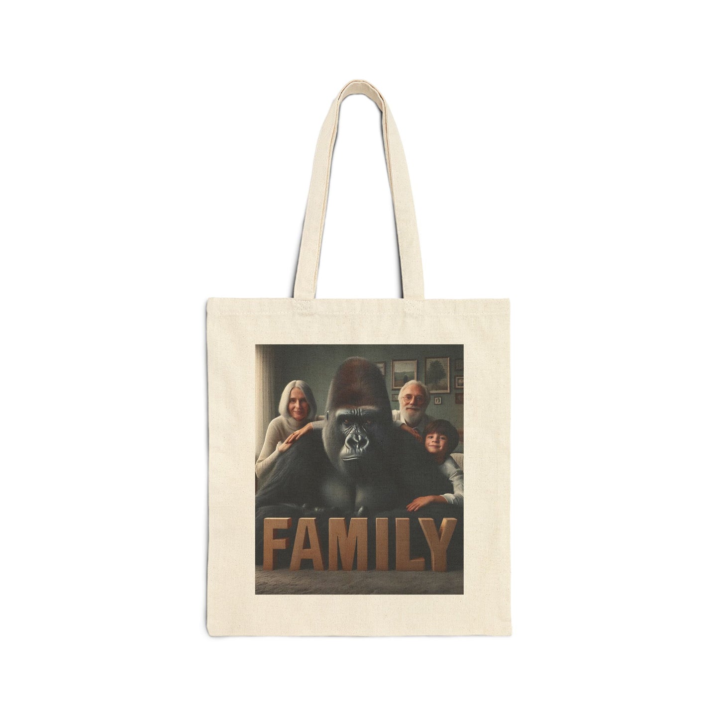 Our "Gorilla Family Love" Canvas Tote Bag features a heartwarming image of a gorilla with a human family. This tote bag beautifully captures the bond between humans and animals. A thoughtful gift for animal lovers, families, and eco-conscious individuals. BUY NOW! (SK Superb)