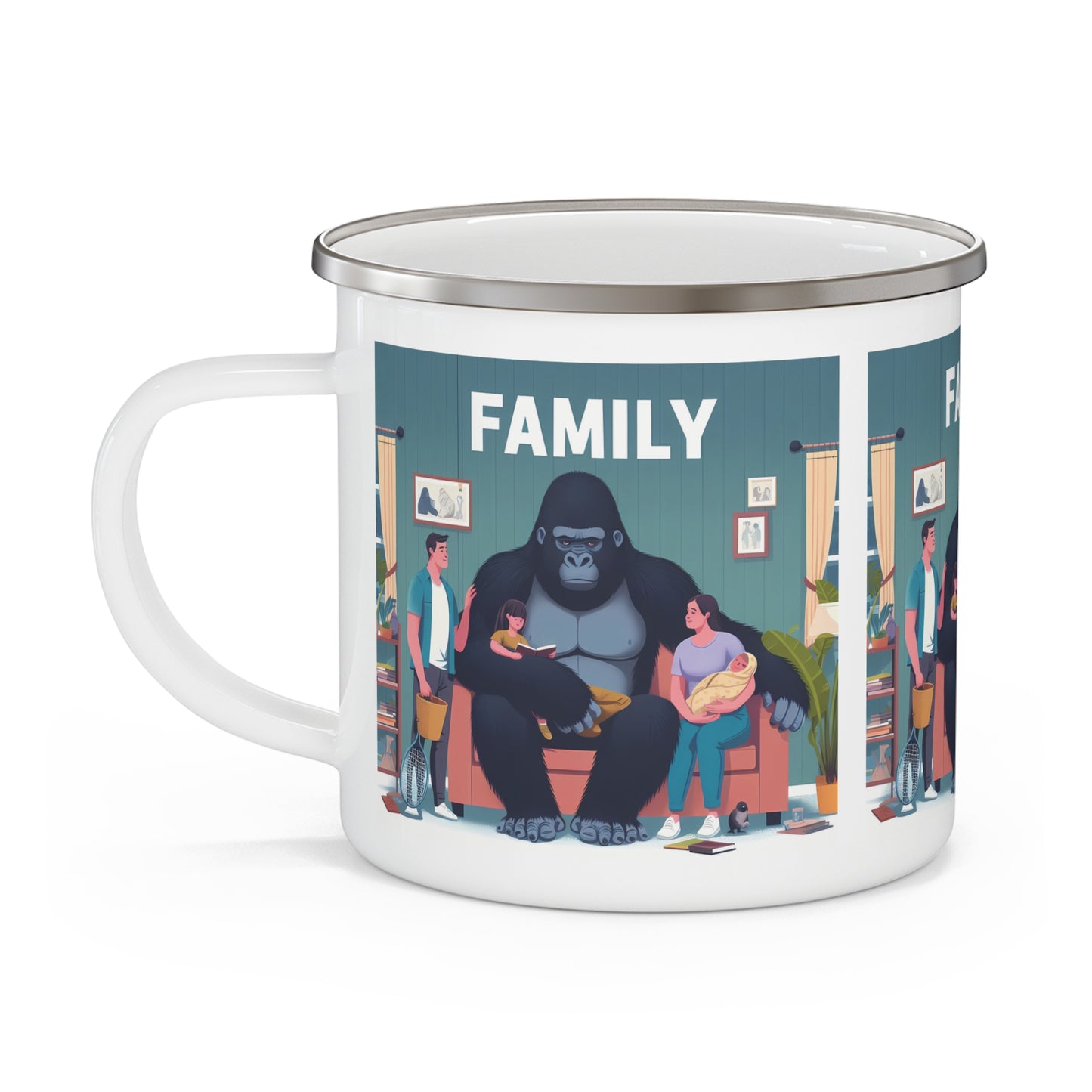 Cartoon Gorilla Family Unity Enamel Camping Mug