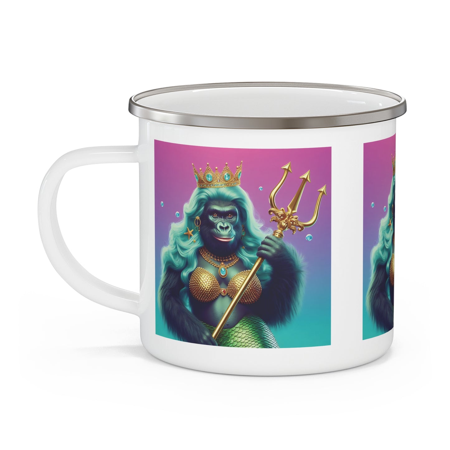 Majestic Gorilla Mermaid Queen Enamel Camping Mug - Oceanic Fantasy Art