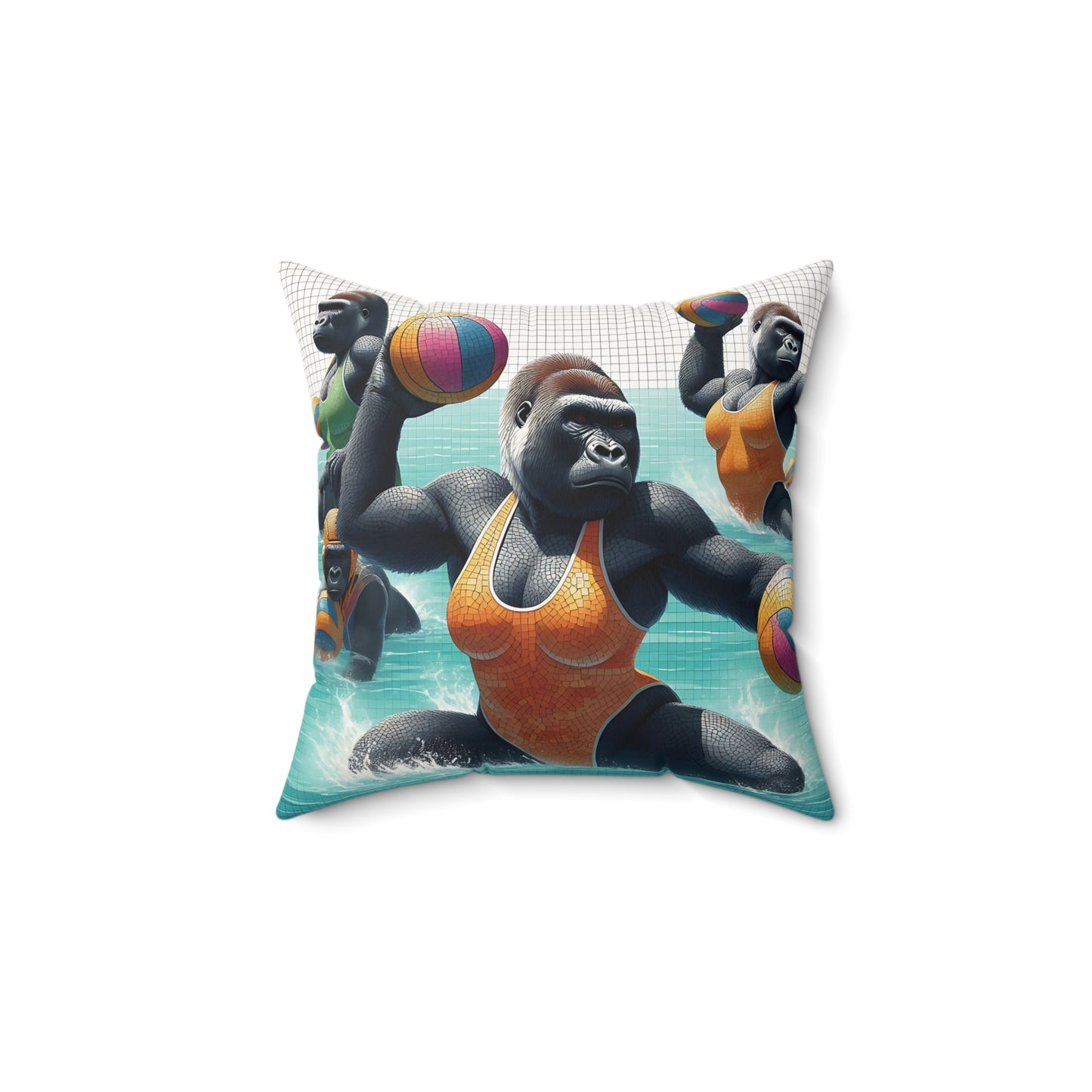 Bring a splash of fun and athleticism to your home with the Water Polo Gorilla Team Pillow. A pillow featuring a determined gorilla team in vibrant swimwear, making powerful plays in the water. Perfect for sports enthusiasts and animal lovers alike, this pillow is a great addition to any living space. (SK Superb)