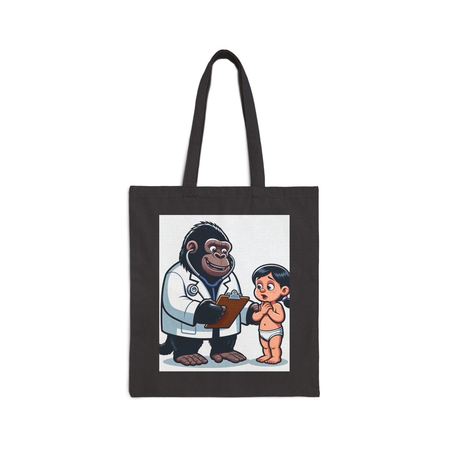 Our stylish and fun "Cartoon Gorilla Pediatrician and Child" Canvas Tote Bag is perfect for pediatricians, healthcare workers, parents, or anyone who loves playful and creative designs. A functional, detailed whimsy artwork tote for daily use. BUY NOW! (SK Superb)
