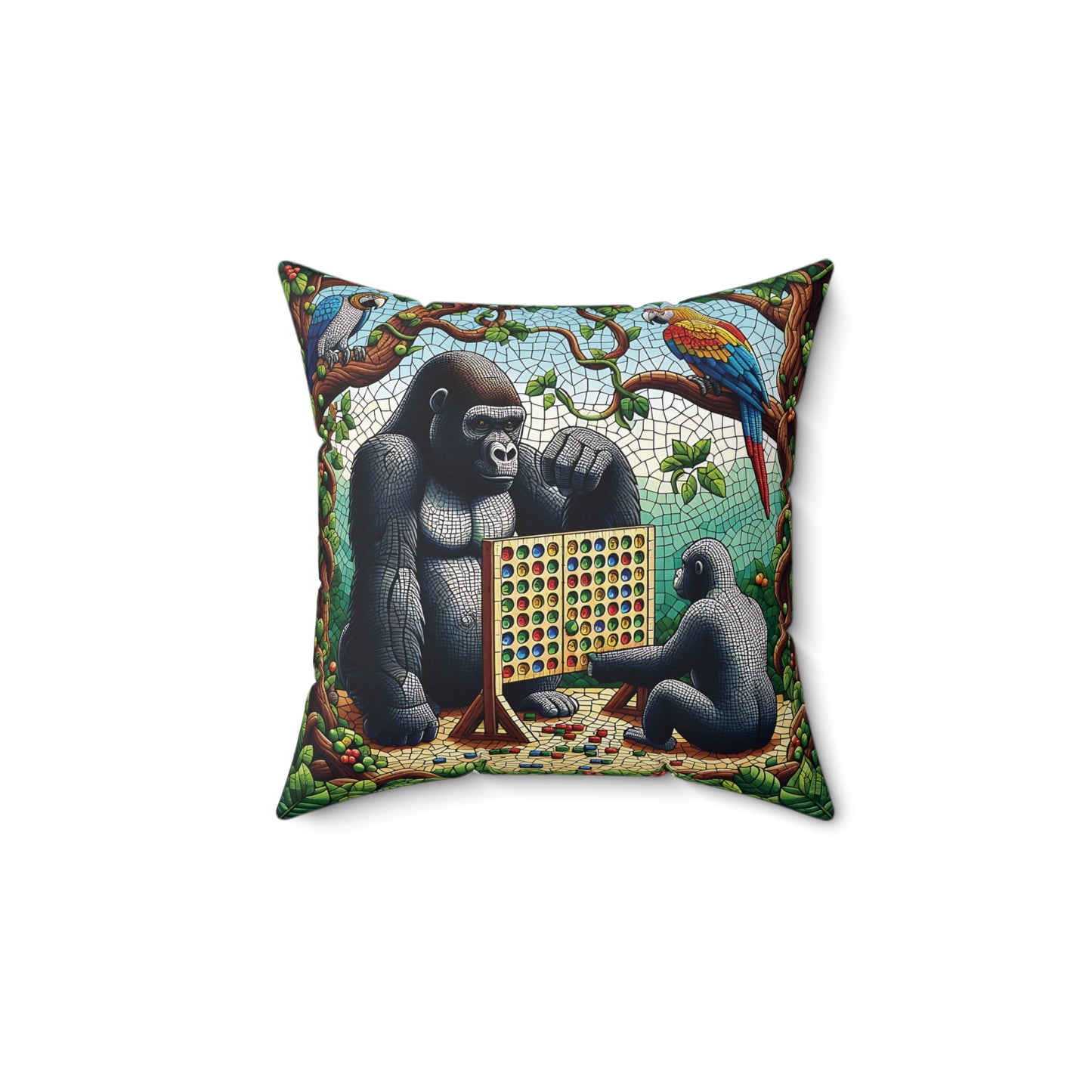 Add a playful, whimsical touch to your home decor with the "Connect Four with Gorillas Pillow". A decorative pillow of two gorillas engaging in a fun game of Connect Four. Perfect for game lovers and wildlife enthusiasts. A distinctive gift for room's playful ambiance. BUY NOW! (SK Superb)