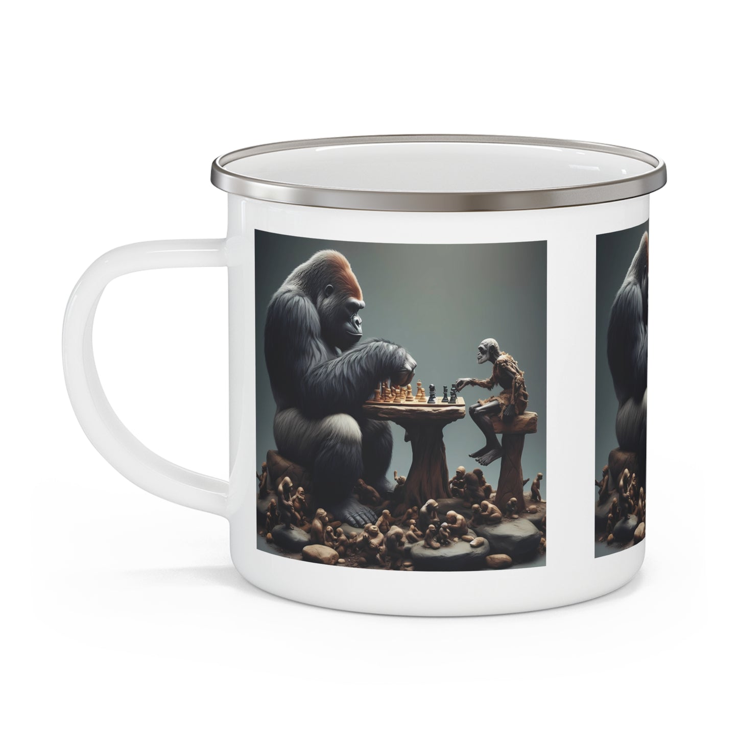 Chess Duel Gorilla vs Caveman Enamel Camping Mug – Animal/Outdoor Adventure Gift