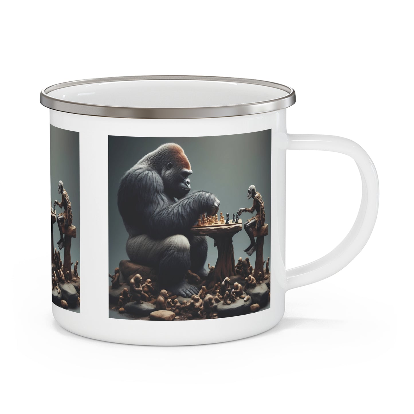 Shop this unique vintage enamel camping mug featuring a striking "Gorilla vs Caveman Chess Duel" design. It's perfect for camping, hiking, and other outdoor adventures or home use. Makes a great gift for chess lovers and camping enthusiasts. BUY NOW! (SK Superb)