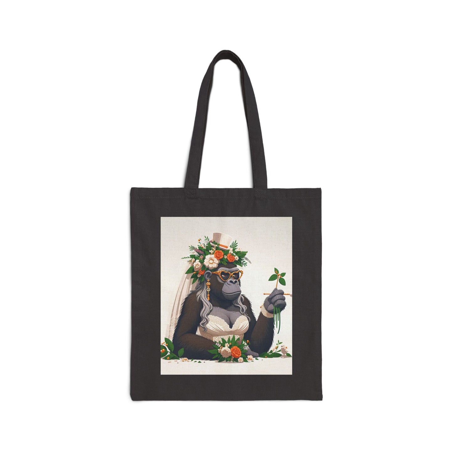 Our stunning "Gorilla Glamorous Bride" canvas tote bag exudes confidence and sophistication. The floral wedding theme makes this tote perfect for bridal showers, wedding favors, or a fun gift for animal lovers. Show off your love for nature, wildlife, and creativity with this cute accessory. BUY NOW! (SK Superb)