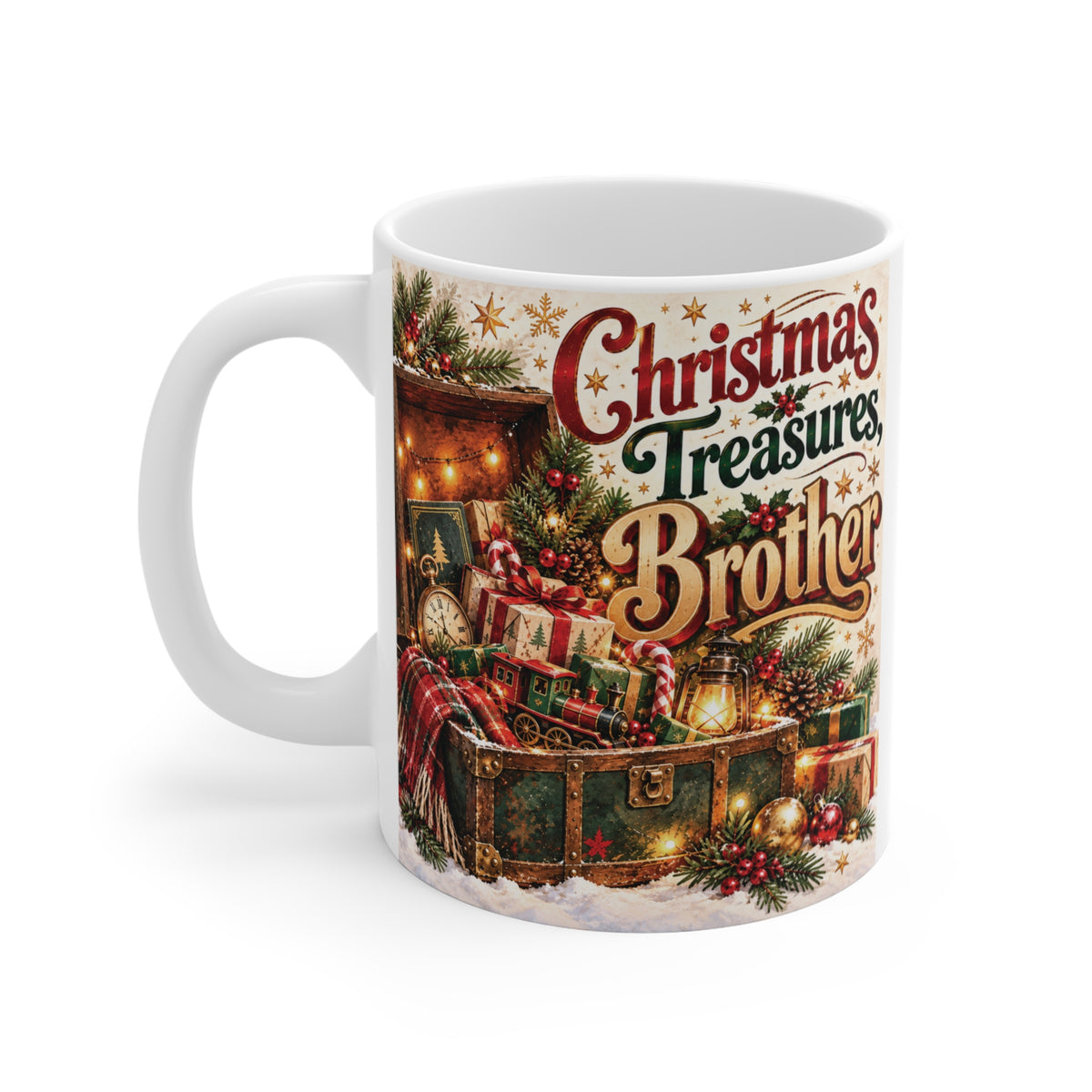 Close-up of a festive 11oz white coffee mug with vintage Christmas tree, toys, and treasure chest graphics for holiday gift-giving.