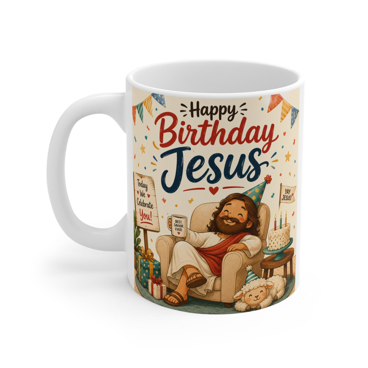 Front view of an 11oz Christian holiday ceramic coffee mug with a whimsical Happy Birthday Jesus party illustration.