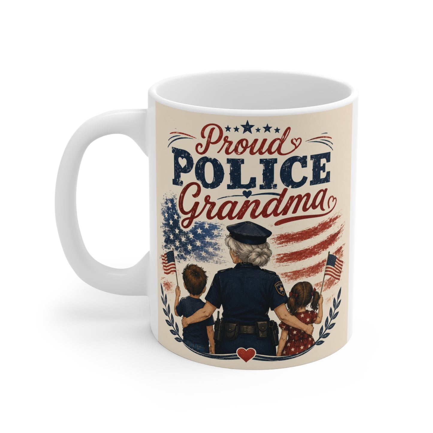 Ceramic mug for proud police grandmothers featuring vintage-style police family design and American flag background.