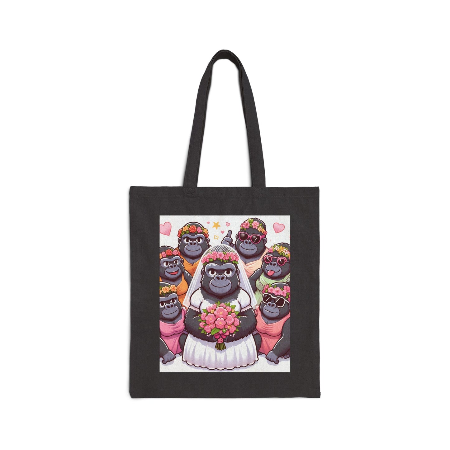Our functional and whimsy "Bridal Party Gorillas" canvas tote bag of a joyful group of gorillas dressed as a bride and her bridesmaids. Perfect for bridal showers, bachelorette parties, or as a unique wedding gift. BUY NOW! (SK Superb)