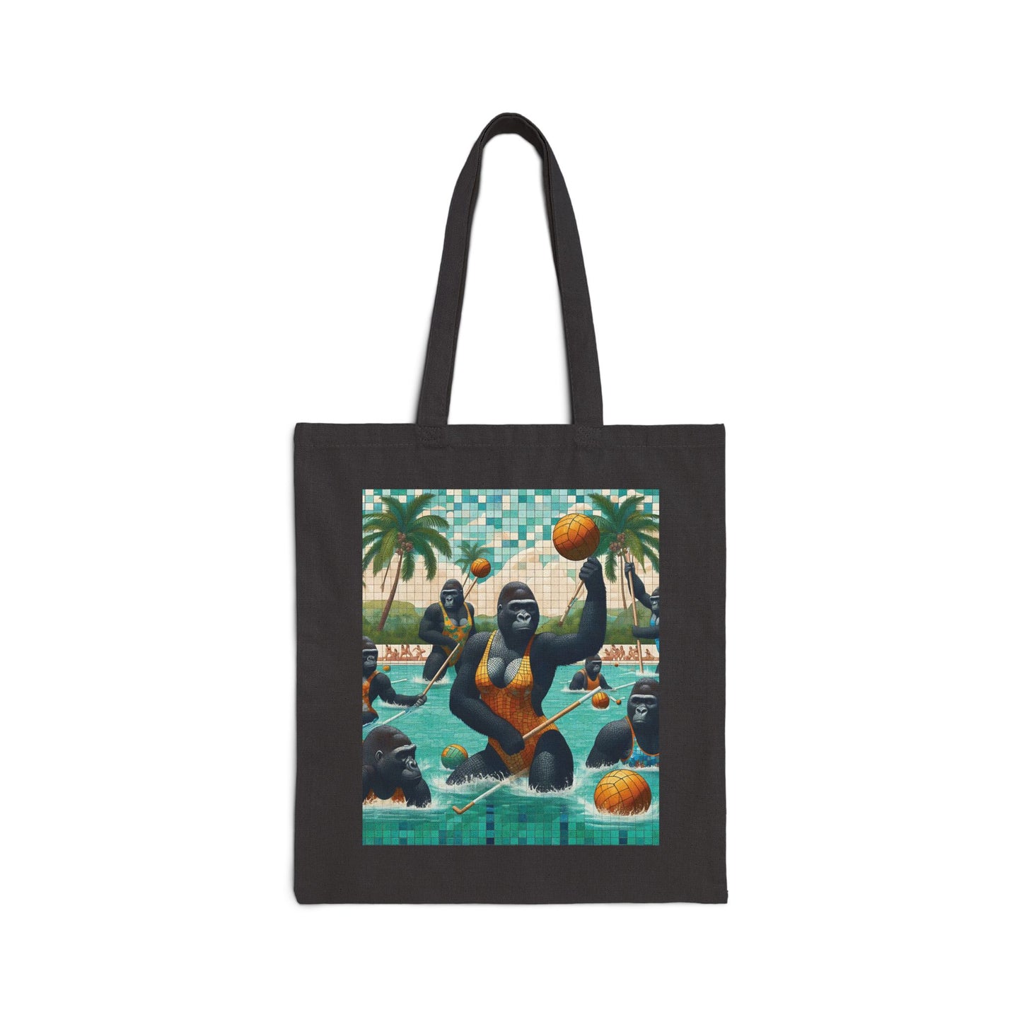 Dive into a world of excitement and fun with our "Gorilla Water Polo" Canvas Tote Bag. A mosaic-style design depicting gorillas enjoying a thrilling game of water polo, just like humans. Ideal for animal, sports lovers, and anyone who appreciates whimsical art. BUY NOW! (SK Superb)