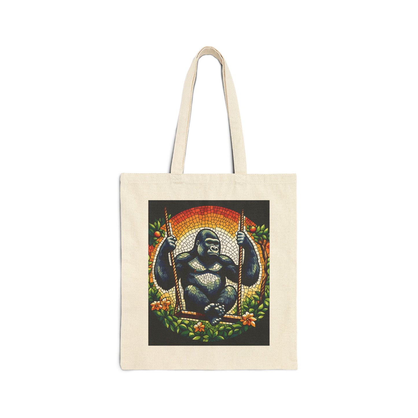 Embrace the beauty of nature and art with our Canvas Tote Bag of a mosaic design gorilla swinging joyfully, reminiscent of a human enjoying a swing. A functional tote to carry in style. Ideal gift for animal, art lovers, and eco-conscious individuals. BUY NOW! (SK Superb)