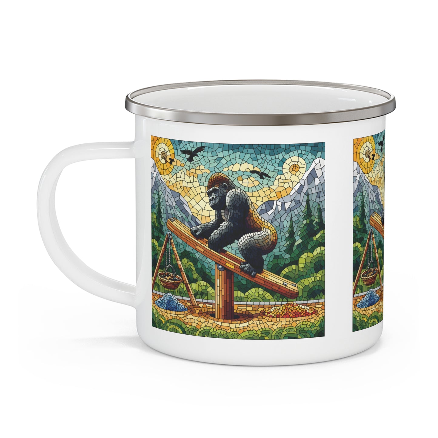 Gorilla Seesaw Adventure Enamel Camping Mug - Mosaic Art Nature Scene