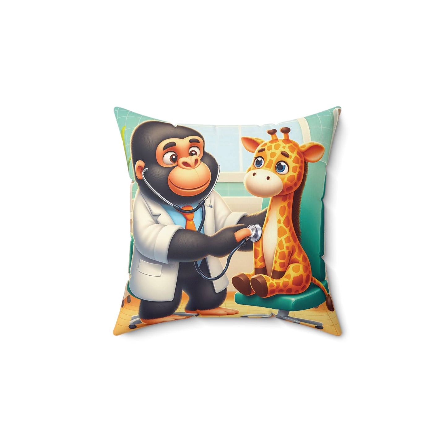A great inspiration for young kids to love animals with our "Little Monkey Doctor with Baby Giraffe Pillow"! This adorable design features a caring monkey doctor examining a cute, wide-eyed baby giraffe. Perfect for animal lovers and those who enjoy a playful decor. BUY NOW! (SK Superb)