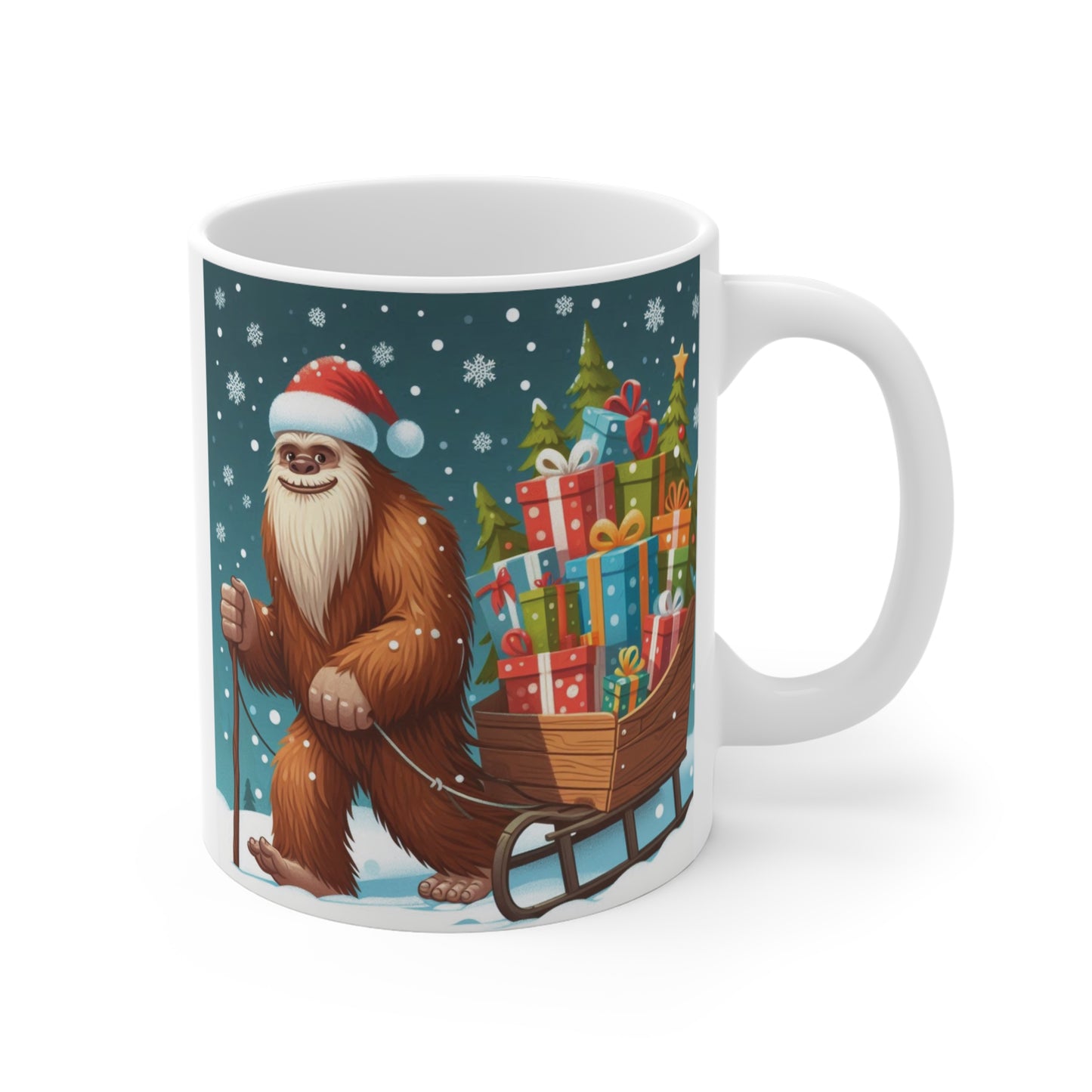 Bigfoot Saves Christmas 11oz Mug – Fun Holiday Coffee Mug with Sasquatch and Sleigh