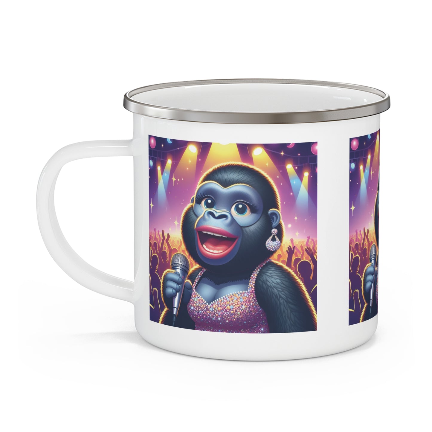 Glamorous Singing Gorilla Enamel Camping Mug - Fun Animal Performer Design