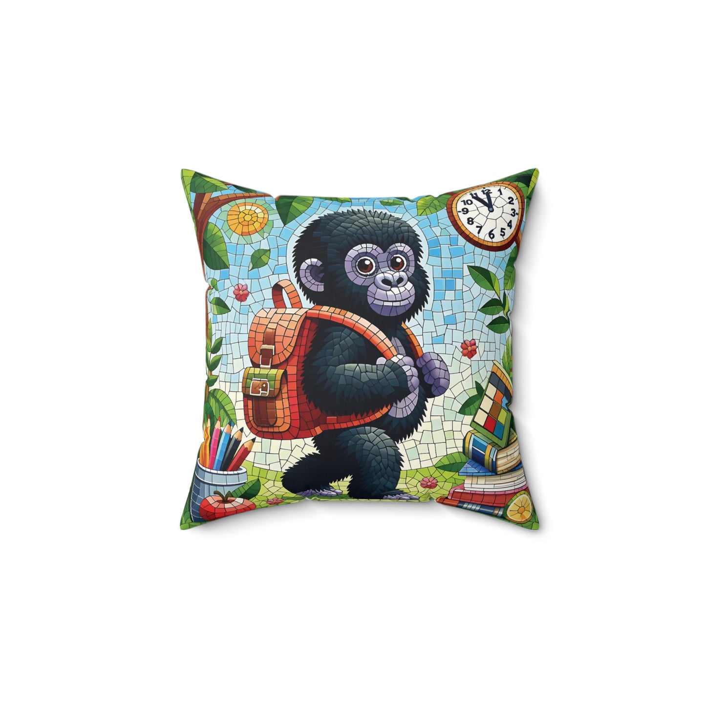 A mosaic-style illustration of a cute monkey ready for school. This pillow is perfect for children's rooms, playrooms, or any area in need of a fun and cheerful accent. Encourage your kids to embrace the excitement of going back to school with this adorable and inspiring pillow. (SK Superb)