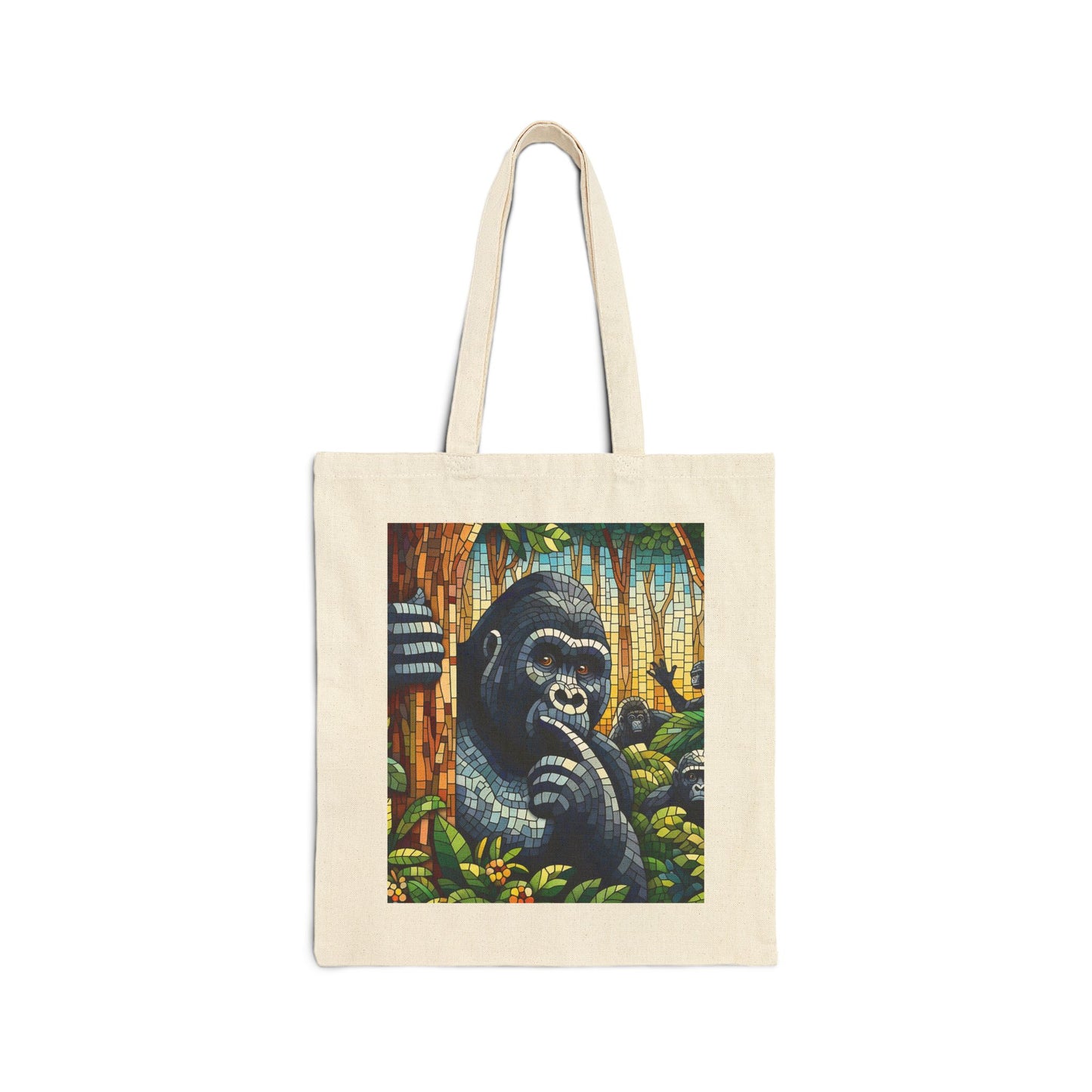 Add a touch of artistry and elegance with our "Mosaic Wildlife Gorilla" Canvas Tote Bag, a perfect blend of style and functionality! It features a majestic gorilla set against a forest background. Perfect for animal lovers, art enthusiasts, and eco-conscious individuals. BUY NOW! (SK Superb)