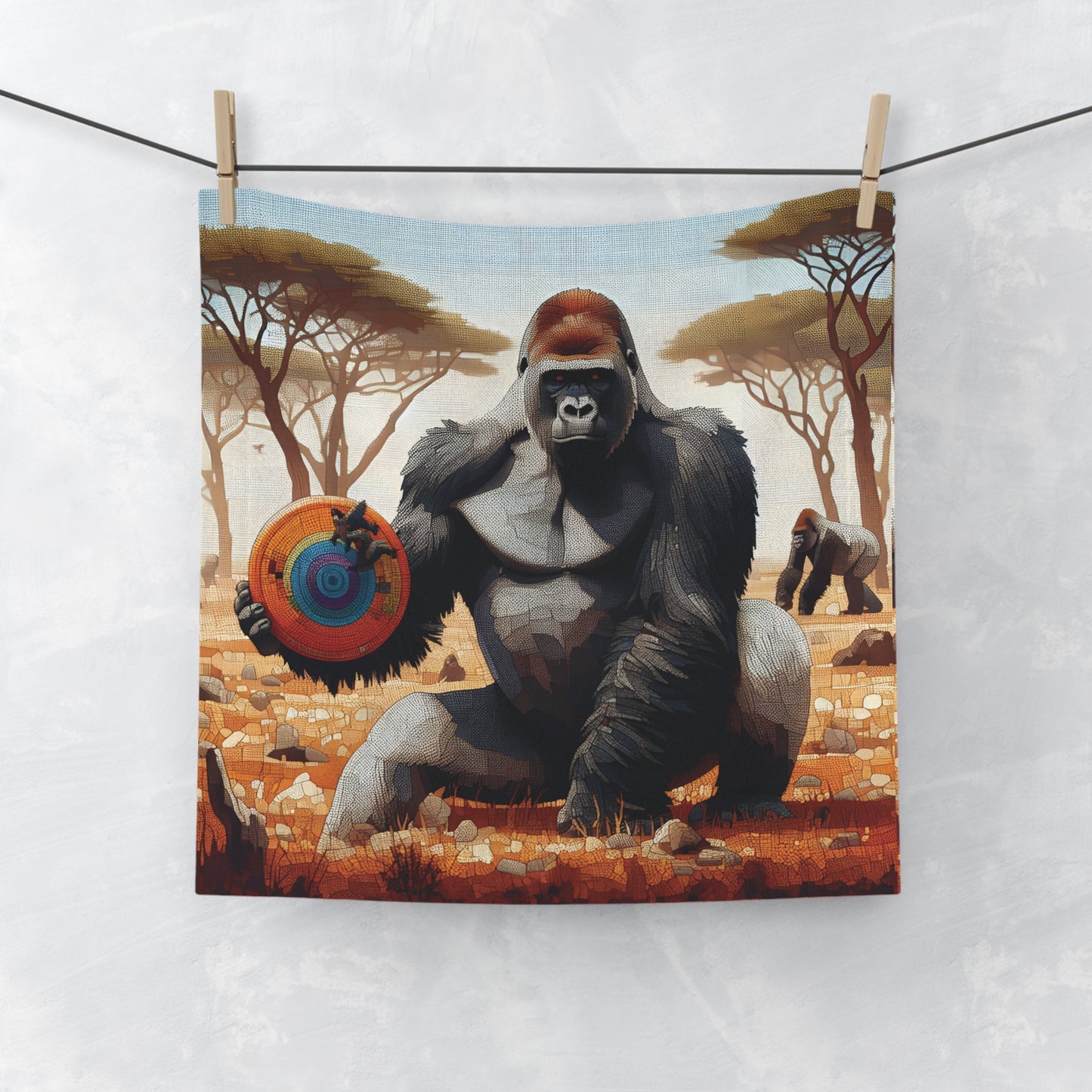 This Face Towel features a mosaic-style gorilla with a frisbee, symbolizing the shared joy of play between humans and animals. Perfect Gift for wildlife enthusiasts and sports lovers. Ideal for home, gym, or outdoor adventures. BUY NOW! (SK Superb)