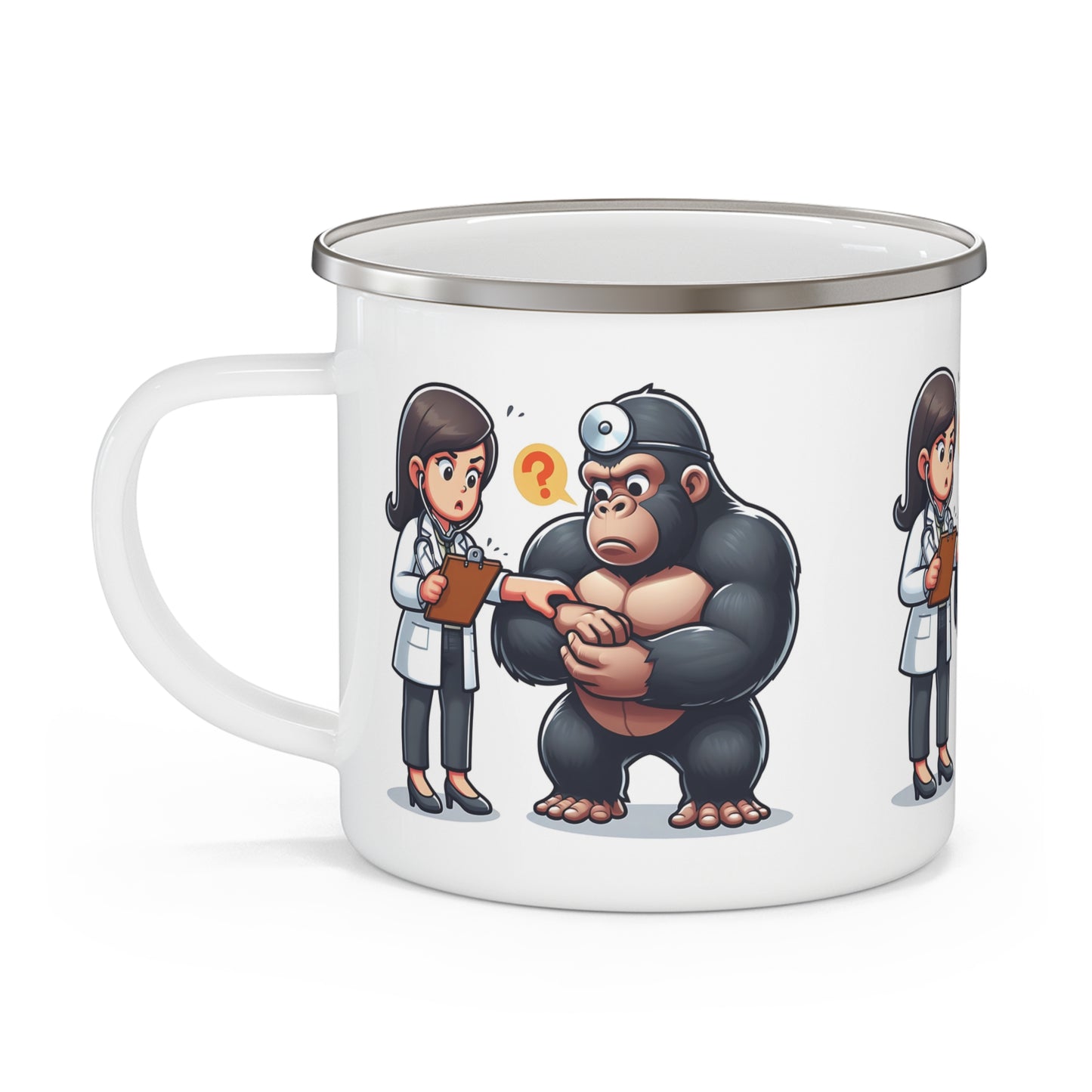 Cartoon Quirky Gorilla & Human Doctor Enamel Camping Mug