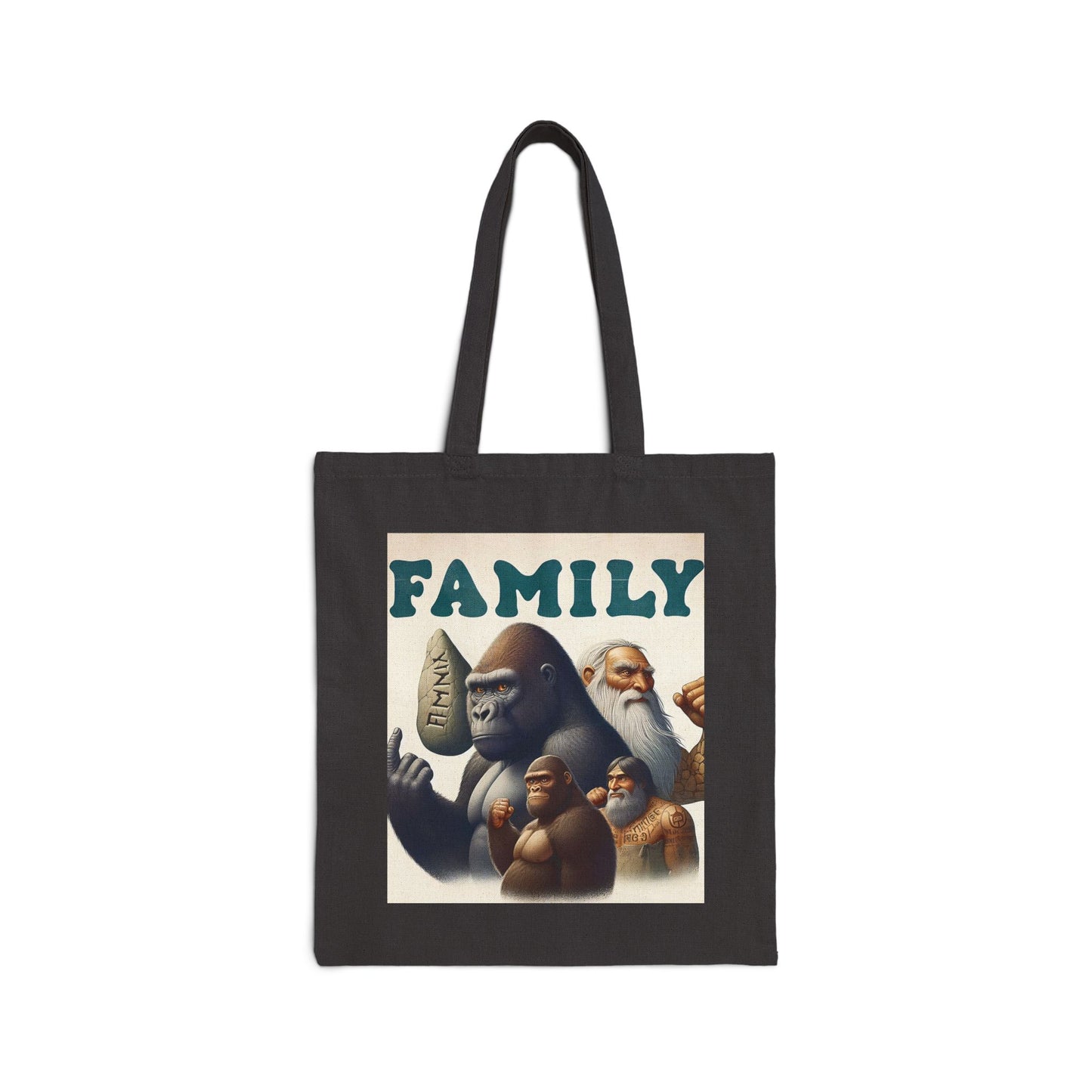 Featuring a powerful gorilla and three human-like figures, this tote bag embodies strength, unity, and love. The word 'FAMILY' boldly written above the characters adds a touch of warmth and connection to the overall aesthetic. Perfect for those who value both style and functionality. BUY NOW! (SK Superb)