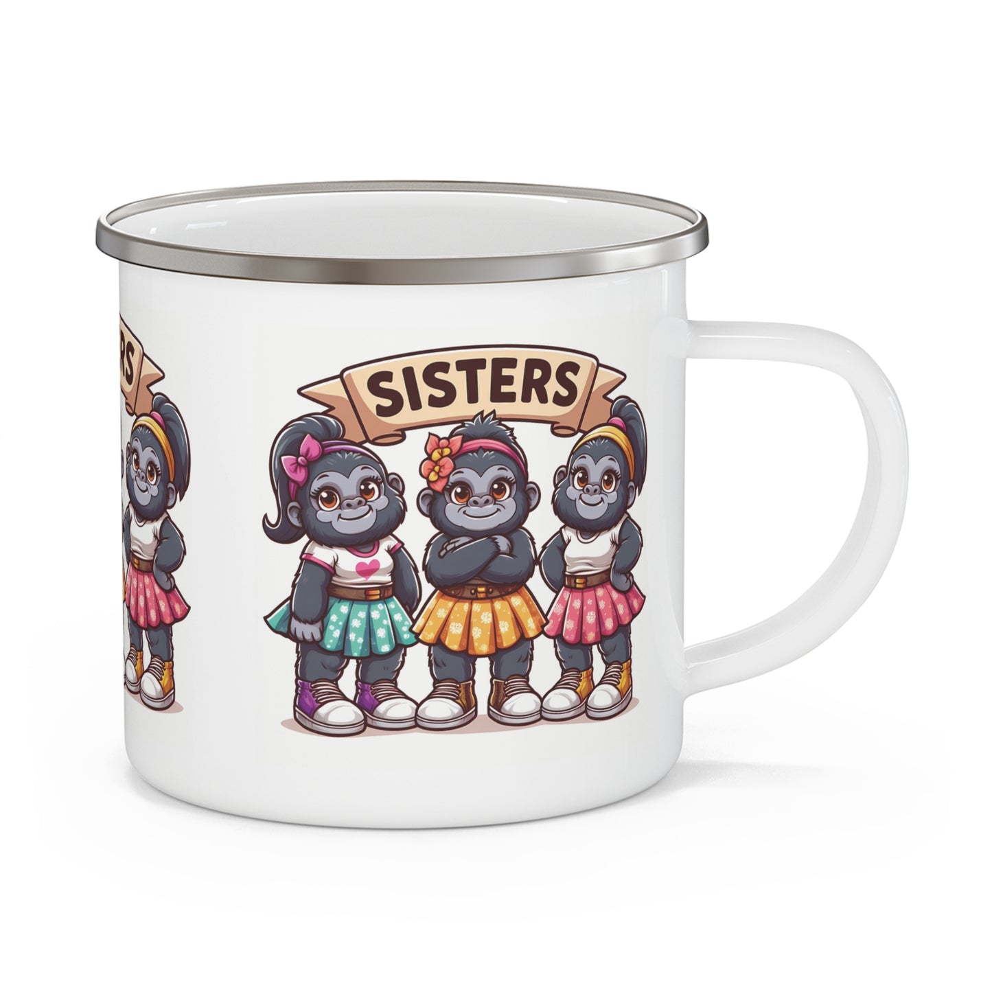 Celebrate sisterhood with this adorable enamel camping mug featuring cute cartoon gorilla sisters in vibrant outfits. Perfect for camping or cozy at-home use. A great gift for sisters or animal lovers, perfect blend of fun and functionality for any outdoor adventure. BUY NOW! (SK Superb)