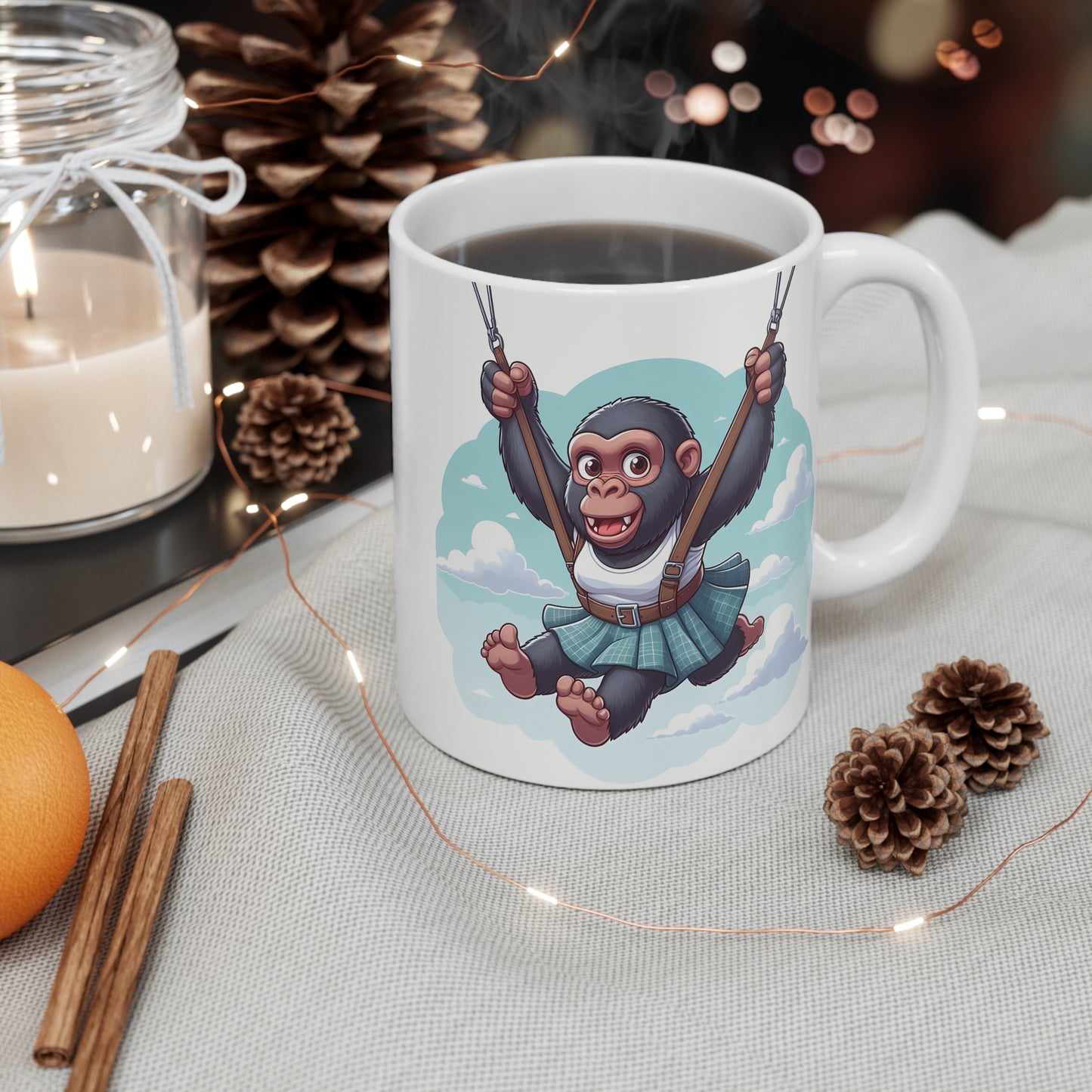 Adorable Baby Gorilla in Kilt Parachuting Skyward 11oz Mug