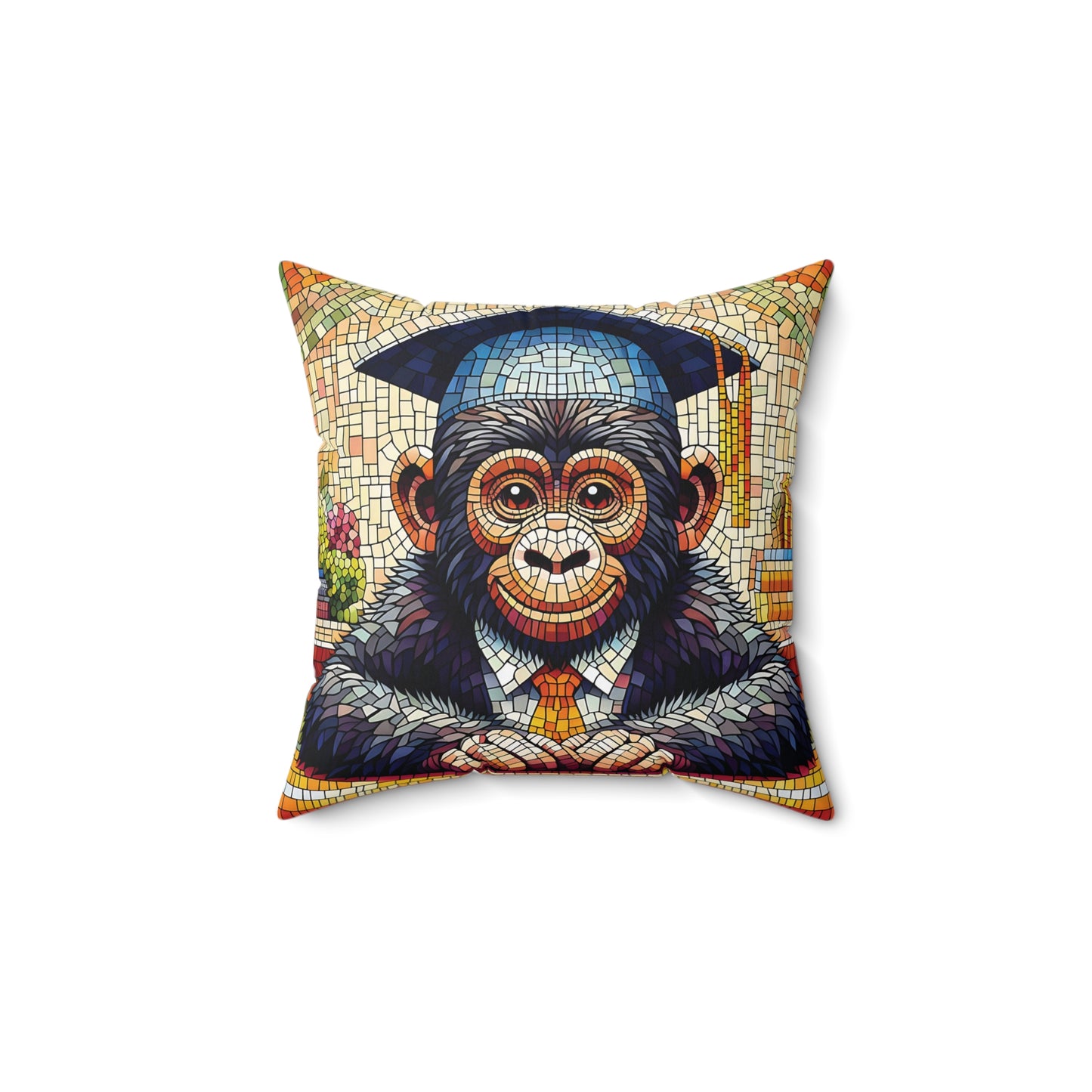 Celebrate academic achievements with our Mosaic Art Monkey Graduation Pillow! This unique throw pillow features a charming monkey wearing a graduation cap, depicted in a vibrant mosaic art style. Perfect as a gift for graduates or as a fun addition to your home decor. (SK Superb)