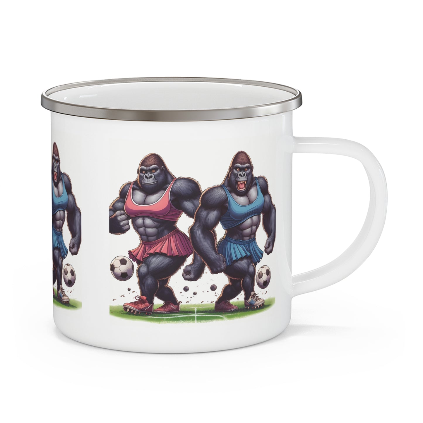 Unique enamel camping mug featuring muscular gorillas as female soccer players. This bold design highlights female athletes breaking stereotypes, perfect for soccer enthusiasts or anyone who loves empowering, quirky designs. BUY NOW! (SK Superb)