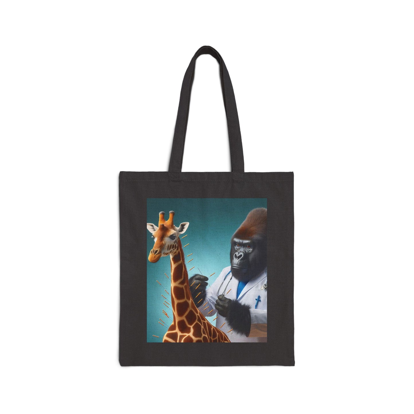 Charming Gorilla Acupuncturist with Giraffe Canvas Tote Bag - Unique Animal Art Design (Black Color Bag)