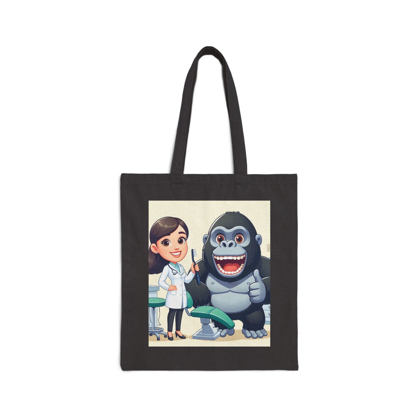 Our delightful canvas tote bag of a friendly female dentist and a cheerful gorilla in a dental clinic. A fun and practical accessory for daily use. Ideal for dental professional, animal lover, or simply appreciate whimsical designs. Gifting to friends, family, or colleagues in the dental field. BUY NOW! (SK Superb)