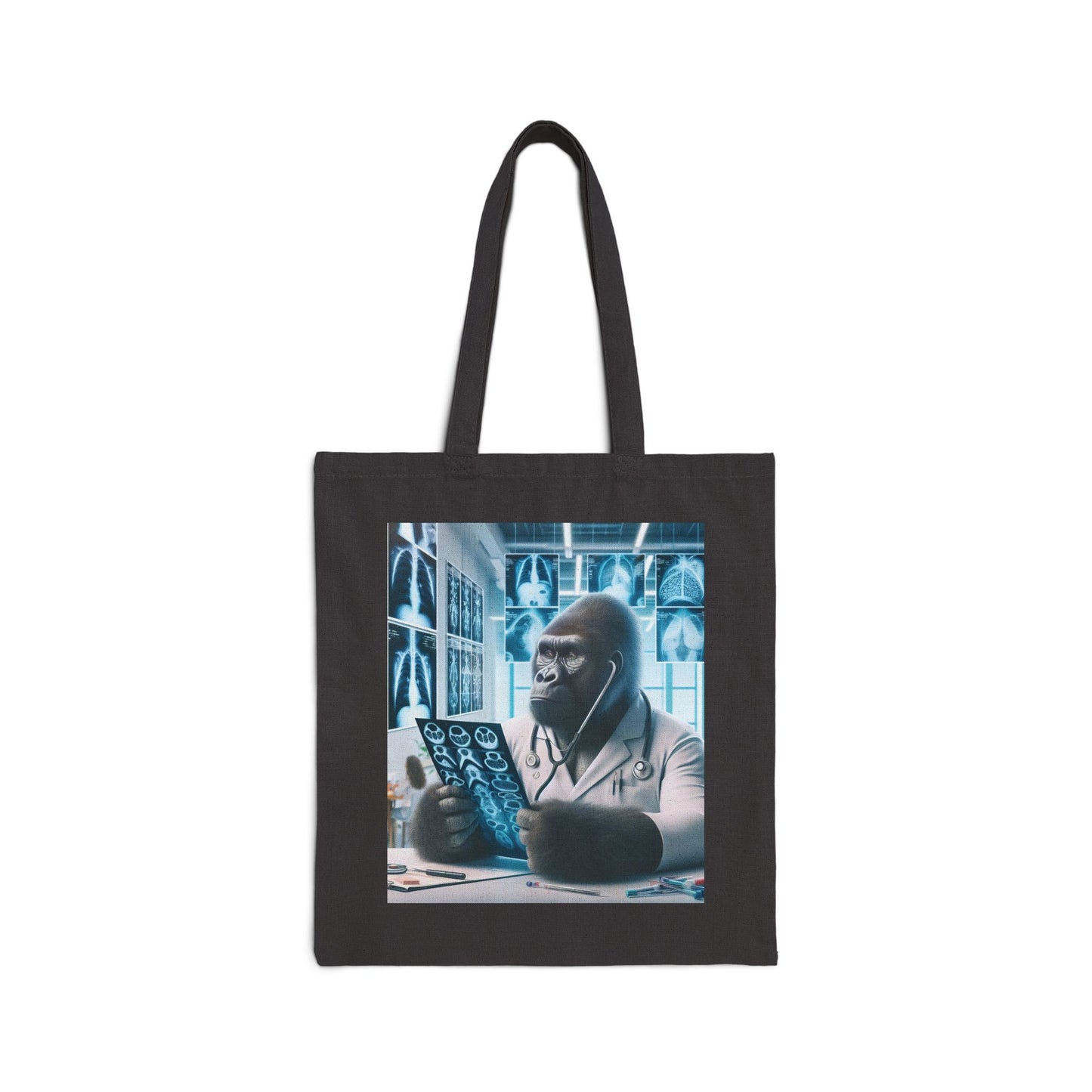 Our humorous "Gorilla Doctor" Canvas Tote Bag examining X-ray prints in a hospital setting. Perfect for healthcare professionals and animal lovers. This tote bag is a practical accessory.