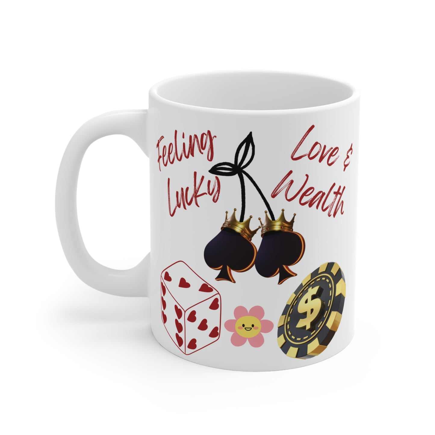 Feeling Lucky 11oz Mug featuring love, wealth, and luck-inspired design, manifesting positivity and abundance. Ideal for adding charm to your daily routine!