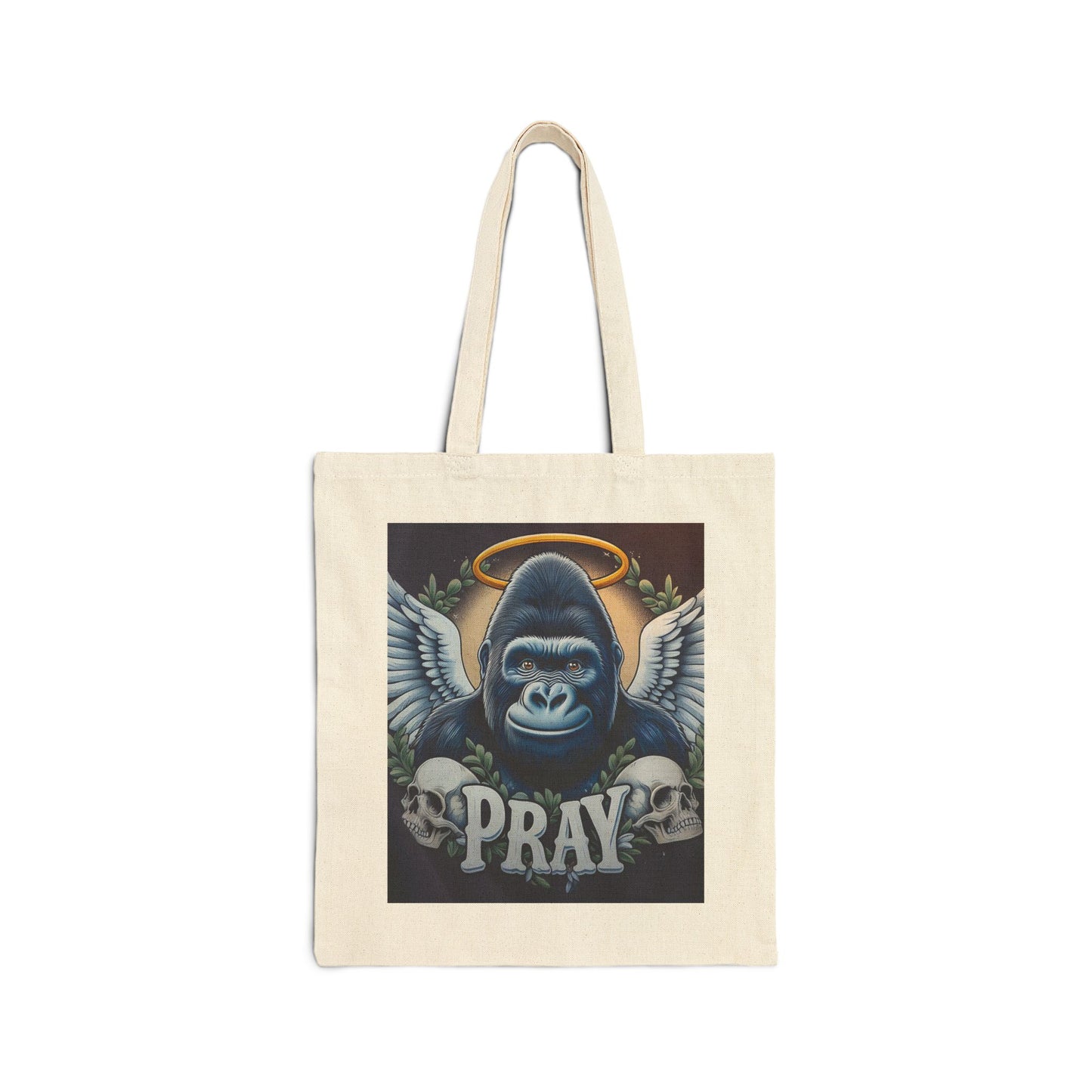 Our Canvas Tote Bag featuring a stunning gorilla "PRAY" design, symbolizing strength and spirituality, resilience and hope. Enhance your accessory collection with this striking and meaningful canvas tote bag. BUY NOW! (SK Superb)